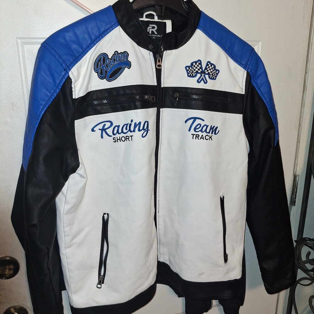 Black and Blue Varsity Bomber Jacket with Racing Accents